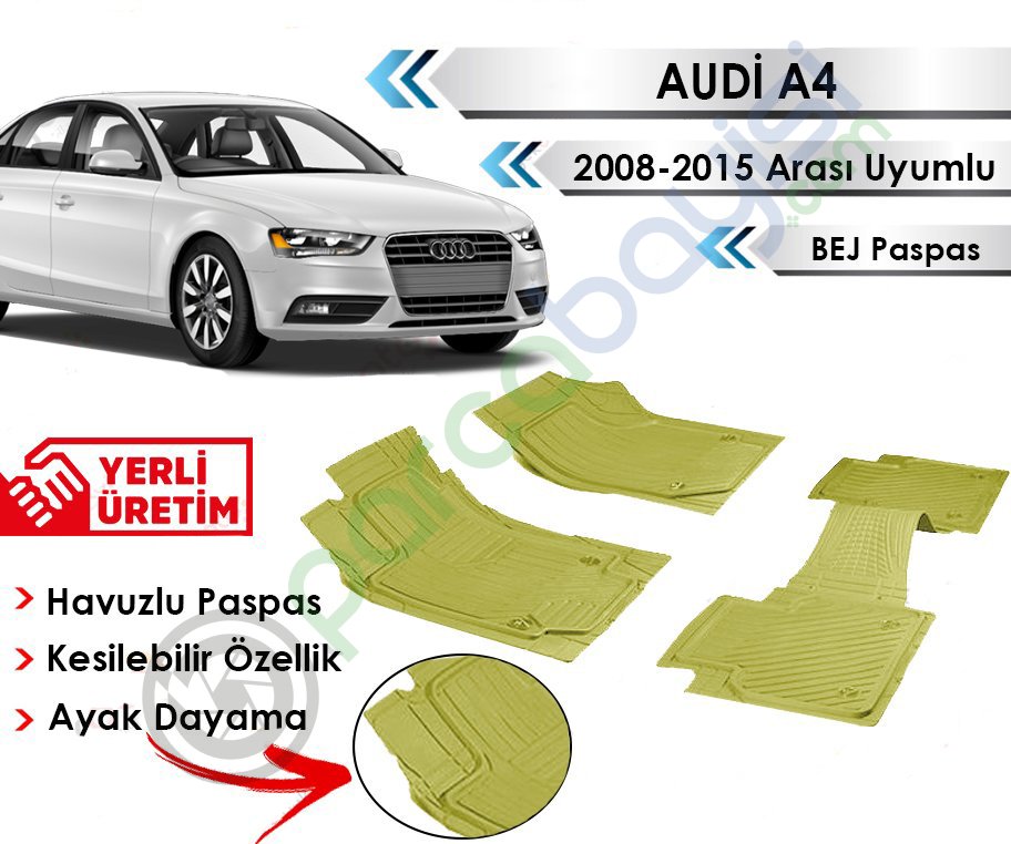 Audi A4 2008-2015 Arası Uyumlu Havuzlu Kesilebilir Bej Paspas