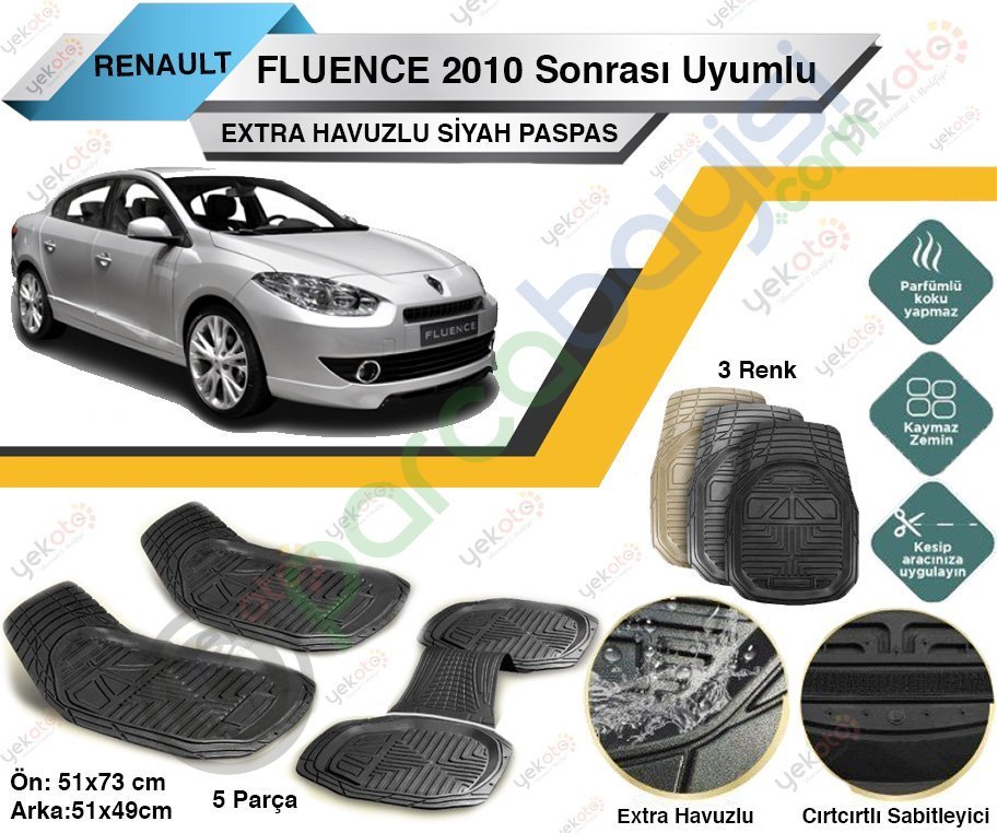 Renault Fluence 2010 Sonrası Uyumlu Extra Havuzlu Kesilebilir Siyah Paspas