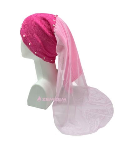 Çocuk Bone Başörtüsü Tüllü Fuşya Pembe