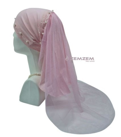 Çocuk Bone Başörtüsü Tüllü Pudra Pembe