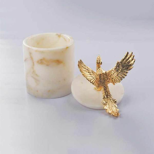 White Marble Box with Brass Accessories/ Phoenix