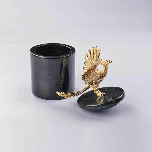 Pirinç Aksesuarlı Siyah Mermer Kutu/ Anka Kuşu