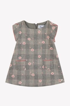 Kız Bebek Ekoseli Çiçek Nakışlı Elbise