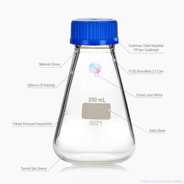 Borosil Cam Erlen 1000 ml - Erlenmeyer Flask GL45 Kapaklı - 10 Adet Toptan