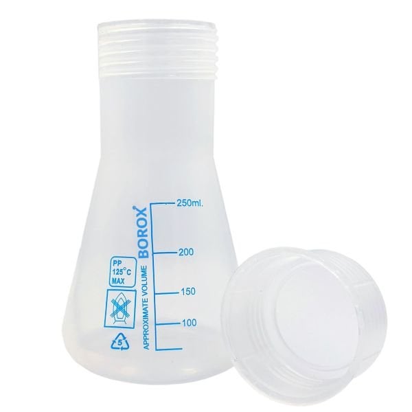Borox Plastik Erlen 250 ml - Erlenmeyer Flask Vida Kapaklı - Mavi Skala - 12 Adet Toptan