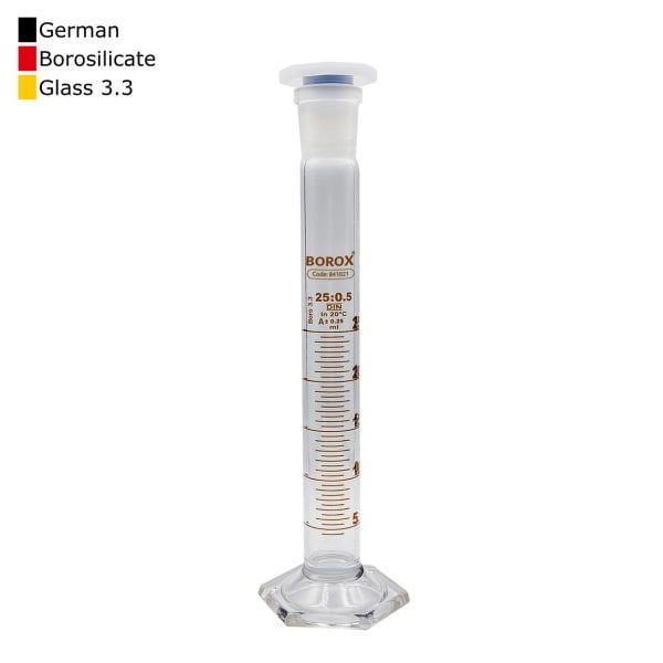 Borox Cam Çalkalamalı Mezür 25 ml - Plastik Tıpalı Dereceli Silindir