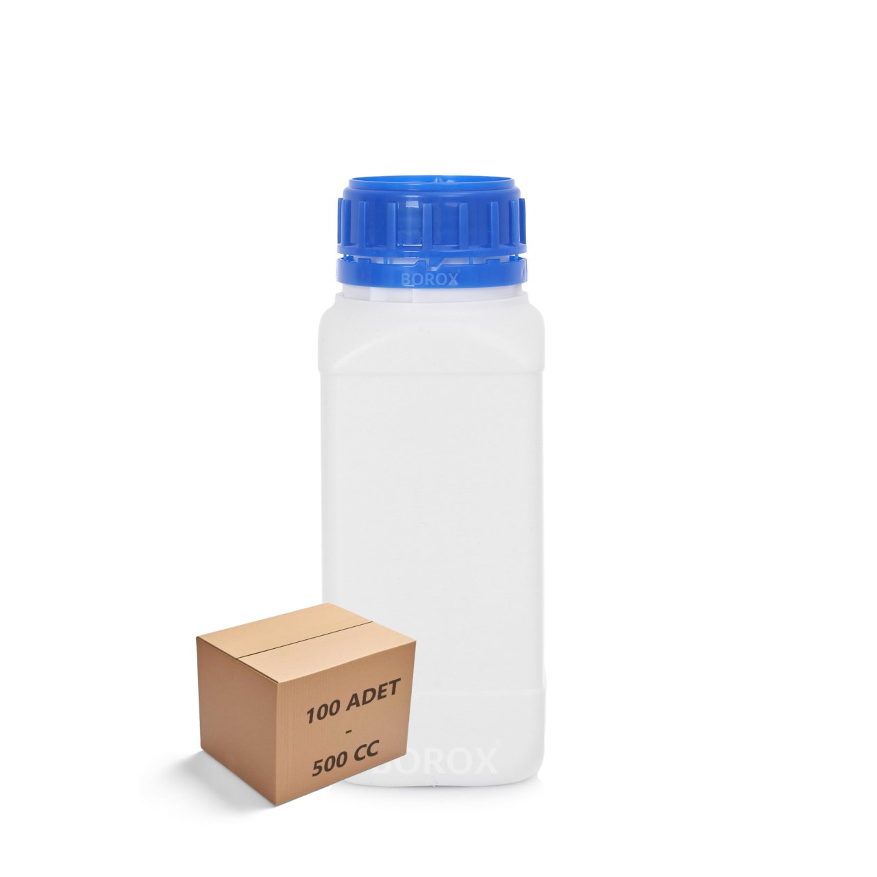 Borox Plastik Kare Şişe 500 ml - Mavi Kapaklı Şişe 100 Adet