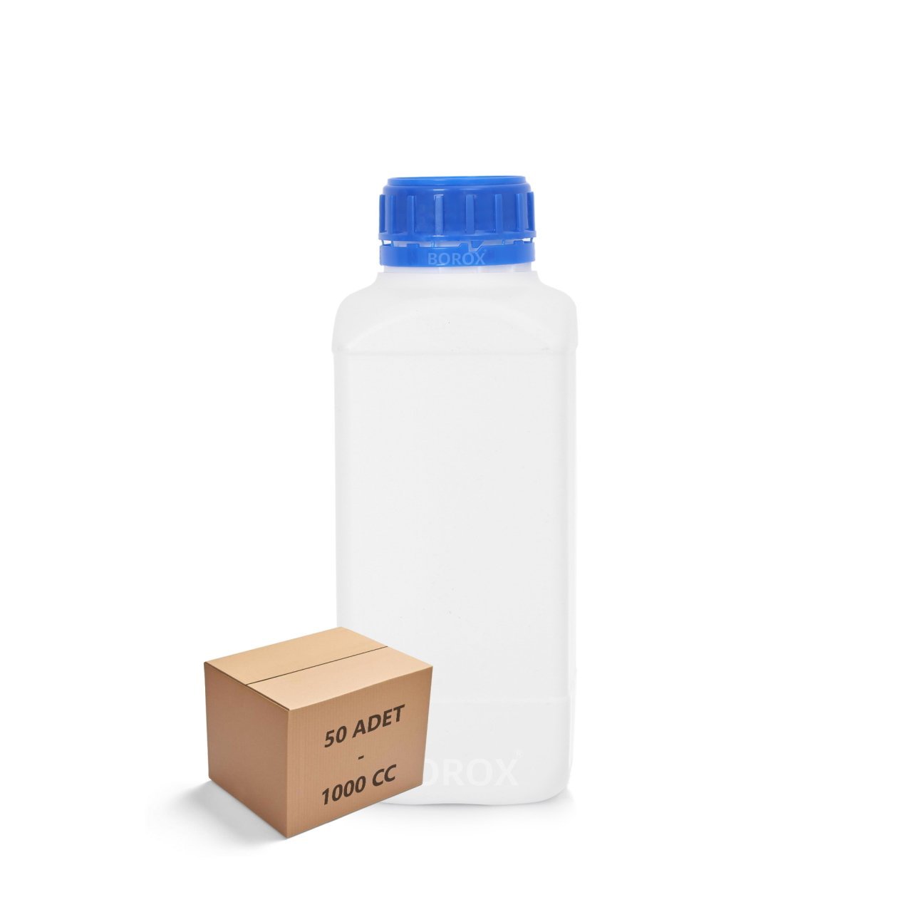 Borox Plastik Kare Şişe 1000 ml - Mavi Kapaklı Şişe 50 Adet