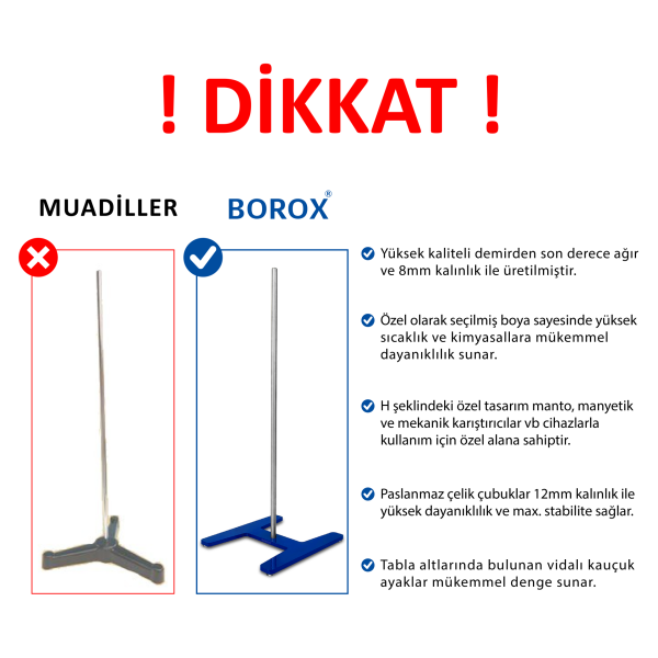 Borox Büret Standı 215x240mm - H Şeklinde Bunzen Mesnedi Set - 60cm Çubuklu - Yüksek Kalite