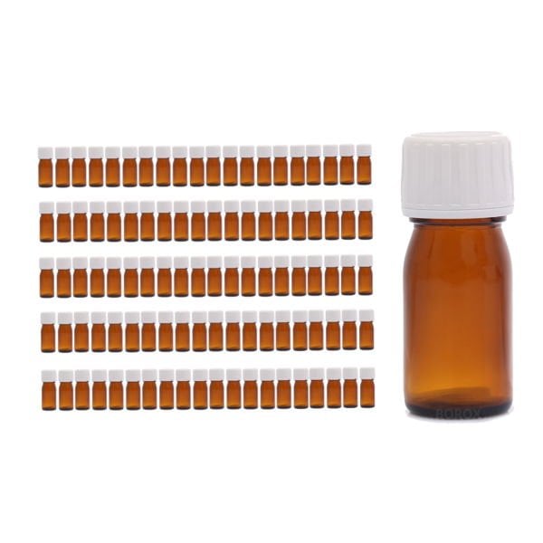 Borox Amber Cam Şişe 30 ml - Beyaz Kilitli Kapaklı Şişe 30cc - 100 Adet Toptan