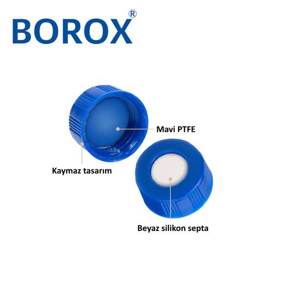 BOROX Yarıksız Mavi Screw Vial Kapağı ND9 - Mavi PTFE/Beyaz Silikon Septa - 100lü