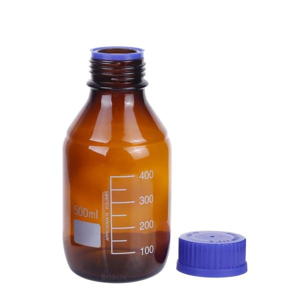 Borox Amber Cam Şişe 500 ml - Vida Kapaklı Boş Numune Şişesi - Otoklav Şişe