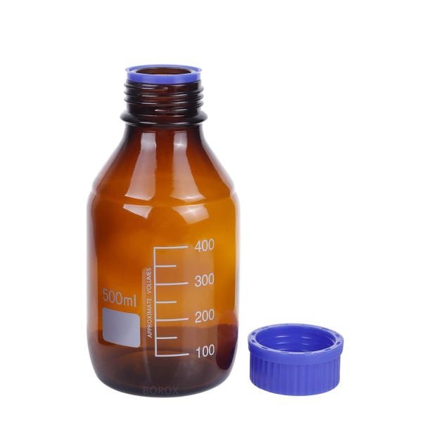 Borox Amber Cam Şişe 500 ml - Vida Kapaklı Boş Numune Şişesi - Otoklav Şişe