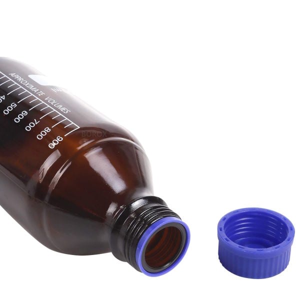Borox Amber Cam Şişe 1000 ml - Vida Kapaklı Boş Numune Şişesi - Otoklav Şişe
