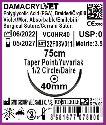 Damacryl Emilebilir Sütür Veteriner Dikiş İpliği USP:0-75cm - PGA İplik - 1/2 Daire 40 mm - Yuvarlak İğne