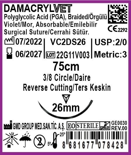 Damacryl Emilebilir Sütür Veteriner İçin USP: 2-0-75cm - PGA İplik - 3/8 Daire 26 mm - Ters Keskin İğne