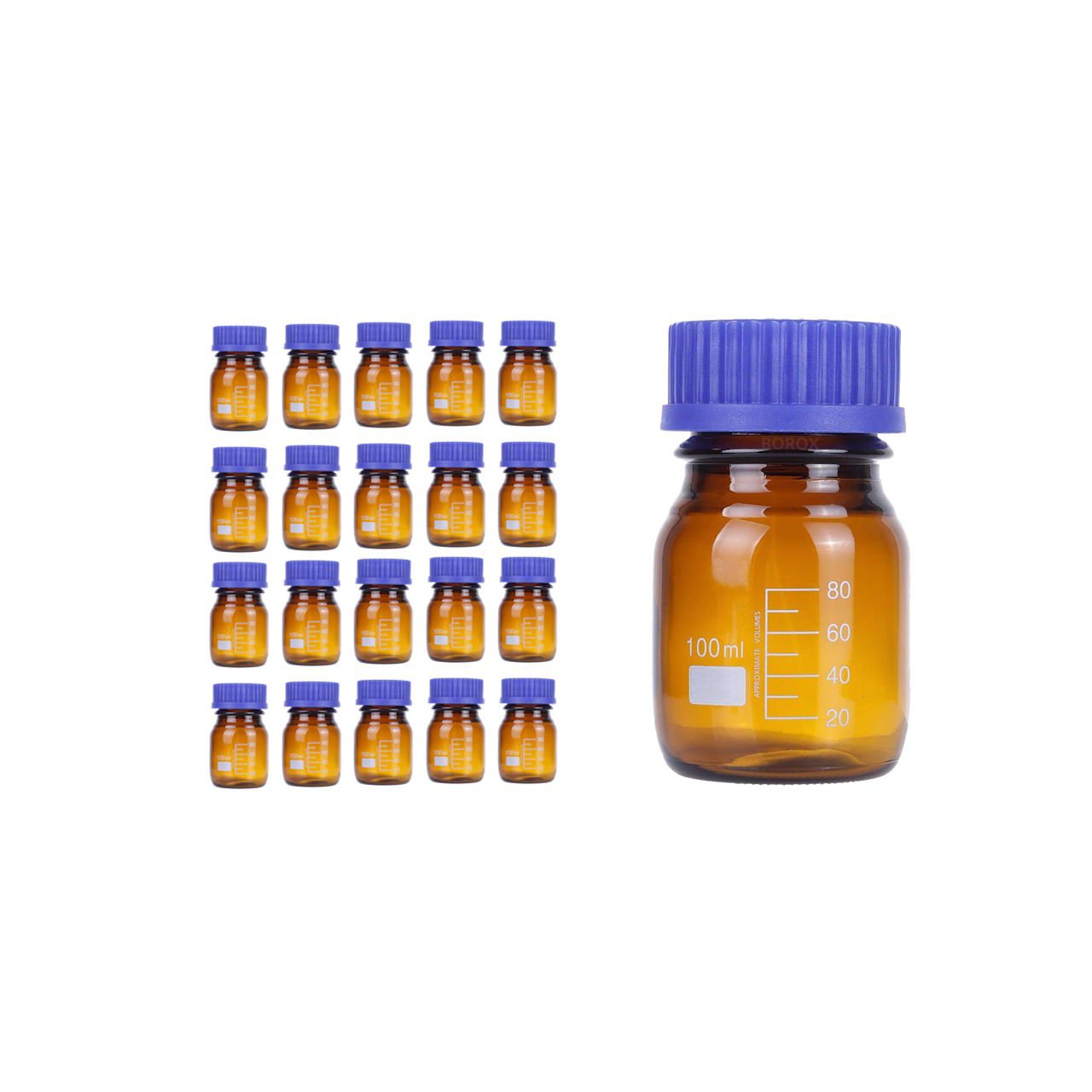Borox Amber Cam Şişe 100 ml - Vida Kapaklı Boş Numune Şişesi - Otoklav Şişe - 20 Adet Toptan