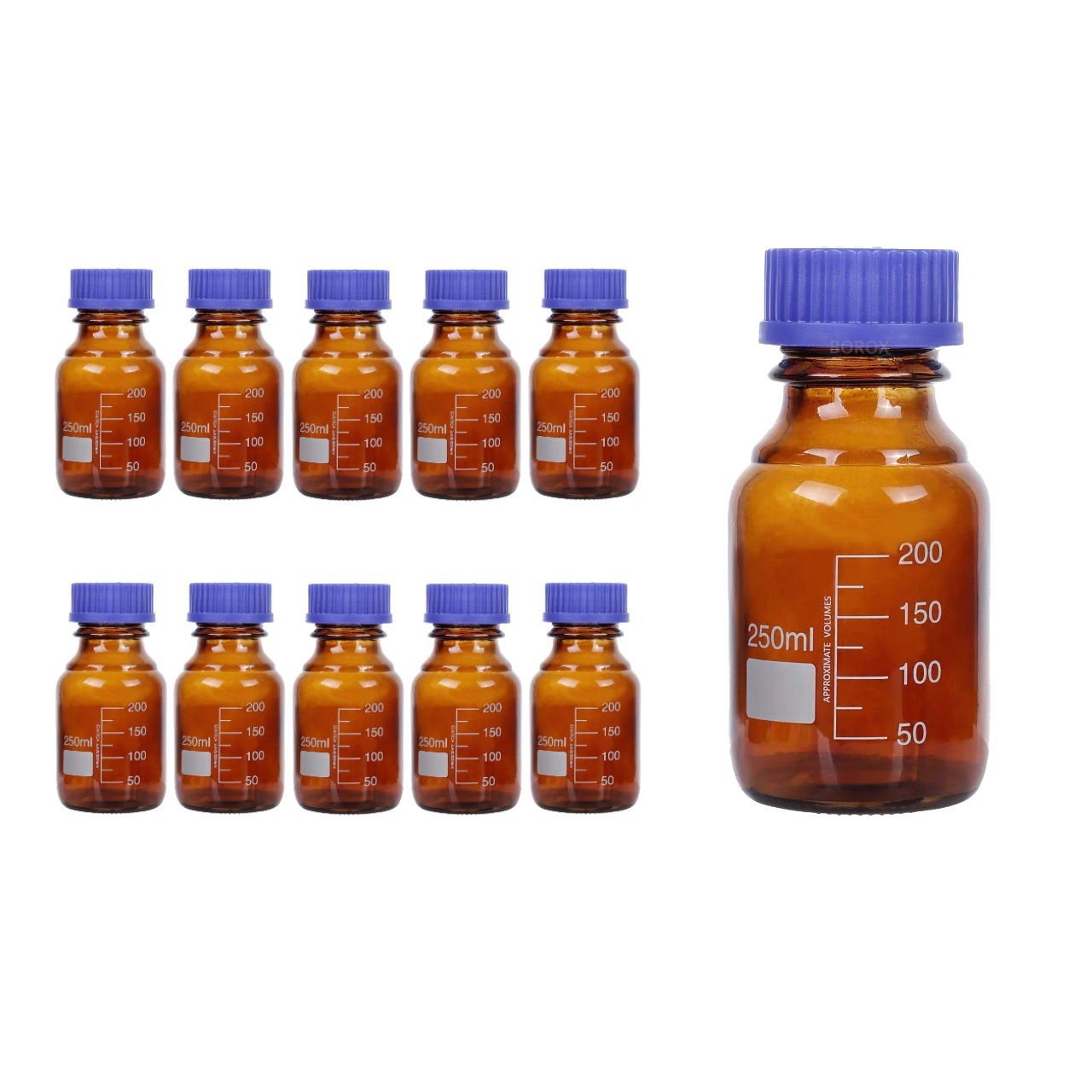 Borox Amber Cam Şişe 250 ml - Vida Kapaklı Boş Numune Şişesi - Otoklav Şişe - 10 Adet Toptan
