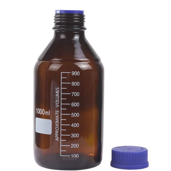 Borox Amber Cam Şişe 1000 ml - Vida Kapaklı Boş Numune Şişesi - Otoklav Şişe - 10 Adet Toptan