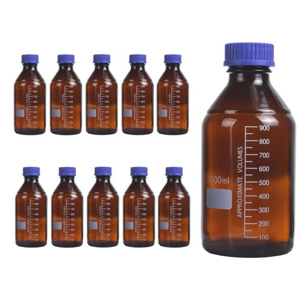 Borox Amber Cam Şişe 1000 ml - Vida Kapaklı Boş Numune Şişesi - Otoklav Şişe - 10 Adet Toptan