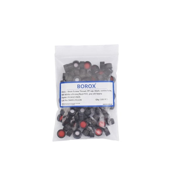 BOROX Yarıklı Siyah Screw Vial Kapağı ND9 - Kırmızı PTFE/Beyaz Silikon Septa - 100lü