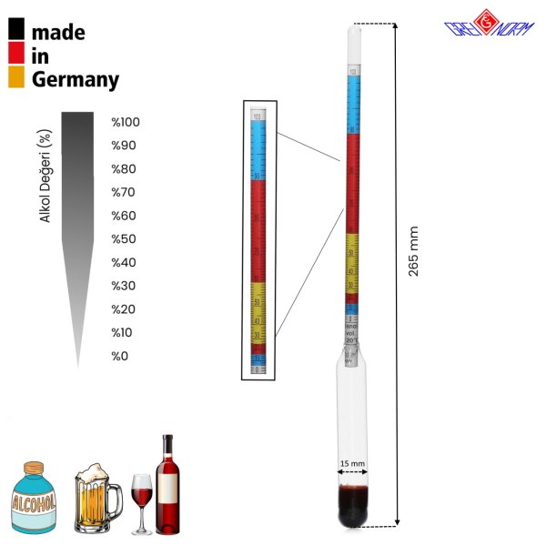 Greinorm Cam Alkolmetre Renkli - Alkol Ölçer + 250ml Mezür