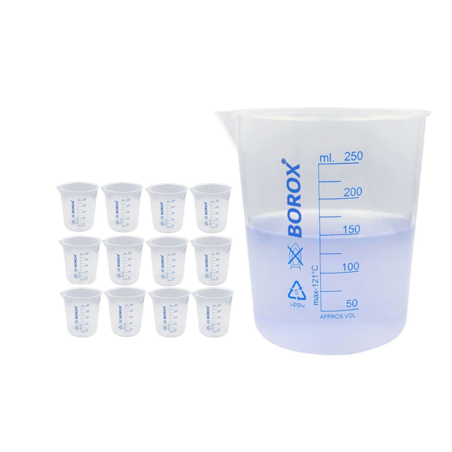 Borox Plastik Beher 250 ml - Ölçü Kabı - Mavi Skala - 12 Adet/Toptan