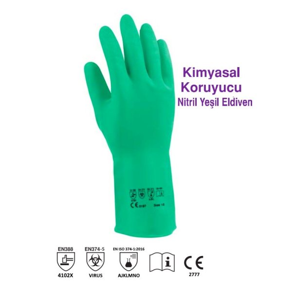 Nitril Eldiven Yeşil XL - Kimyasal Asit Eldiveni 15Mil 10Adet Toptan