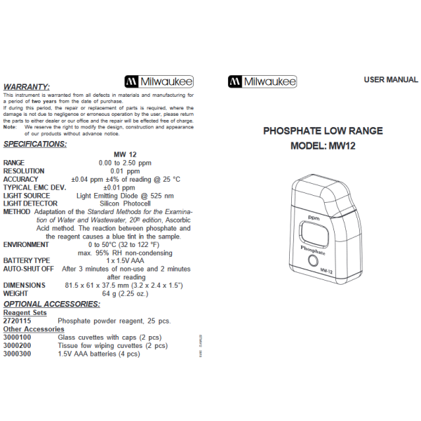 Milwaukee MW12 Fosfat Ölçer Fotometre - Phosphate Tester