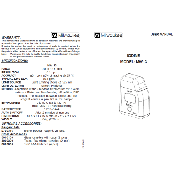 Milwaukee MW13 Portatif İyot Ölçer - Digital Iodine Tester