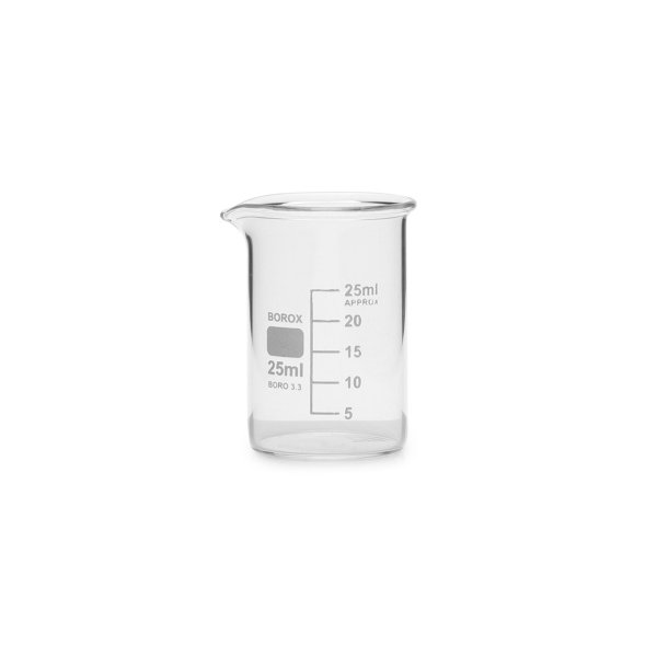 Borox Cam Beher 25 ml - Kısa Form Isıya Dayanıklı Beaker