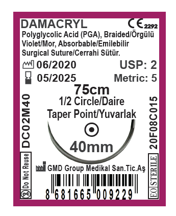 Damacryl Emilebilir Cerrahi Sütür - PGA İplik - USP: 2-75cm - 1/2 Daire 40 mm - Yuvarlak İğne