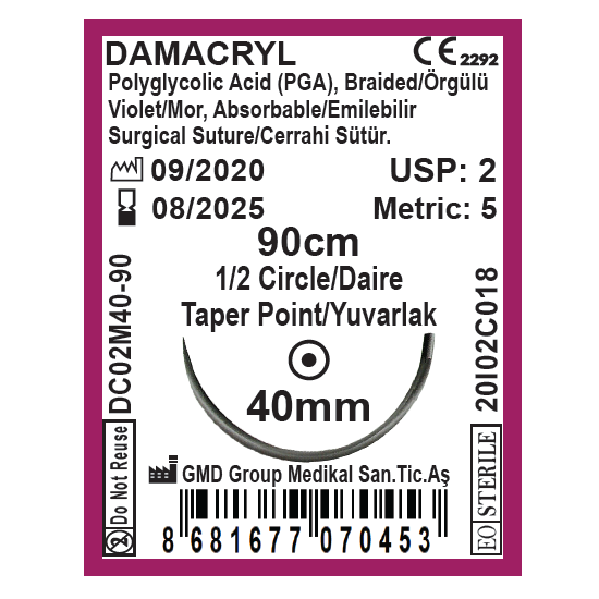 Damacryl Emilebilir Cerrahi Sütür - PGA İplik - USP: 2-90cm - 1/2 Daire 40 mm - Yuvarlak İğne