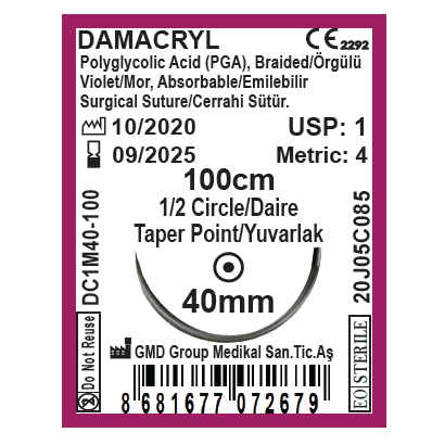 Damacryl Emilebilir Cerrahi Sütür - PGA İplik - USP: 1-100cm - 1/2 Daire 40 mm - Yuvarlak İğne