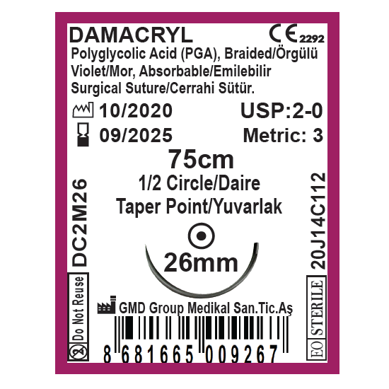 Damacryl Emilebilir Cerrahi Sütür - PGA İplik - USP:2-0-75cm - 1/2 Daire 26 mm - Yuvarlak İğne