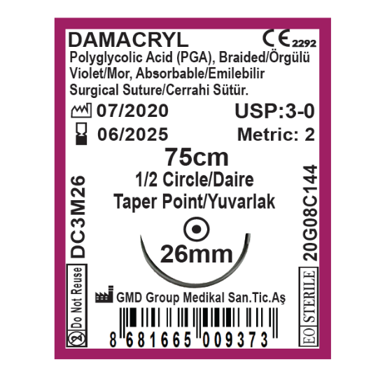 Damacryl Emilebilir Cerrahi Sütür - PGA İplik - USP:3-0-75cm - 1/2 Daire 26 mm - Yuvarlak İğne