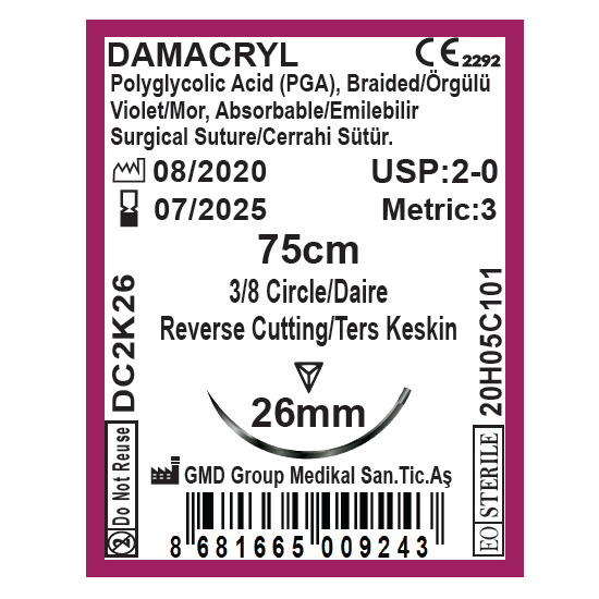 Damacryl Emilebilir Cerrahi Sütür - PGA İplik - USP:2-0-75cm - 3/8 Daire 26 mm - Ters Keskin İğne