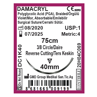 Damacryl Emilebilir Cerrahi Sütür - PGA İplik - USP: 1-75cm - 3/8 Daire 40 mm - Ters Keskin İğne