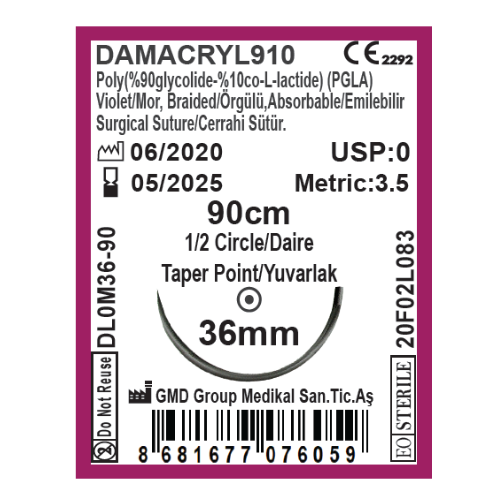 Damacryl Emilebilir Cerrahi Sütür - PGLA İplik - USP:0-90cm - 1/2 Daire 36 mm Yuvarlak İğne