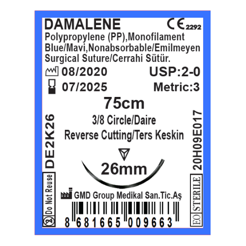 Damalene Emilmeyen Cerrahi Sütür - PP iplik - USP: 2-0-75cm - 3/8 Daire 26 mm - Ters Keskin İğne