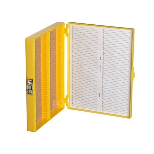 Borox Mikroskop Slide Saklama Kutusu - Mantar Tabanlı 100lü Slayt Kabı - Metal Kilitli - Sarı - 10 Adet Toptan