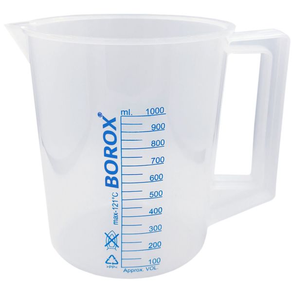 Borox Kulplu Plastik Beher 1000 ml - Ölçü Kabı - Mavi Skala - 12 Adet Toptan