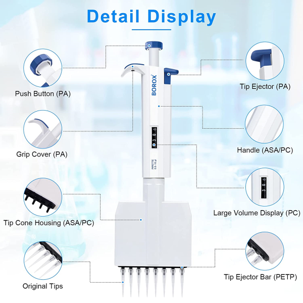 Borox Otomatik Pipet 8 Kanallı 5-50μl - Dijital Mikropipet