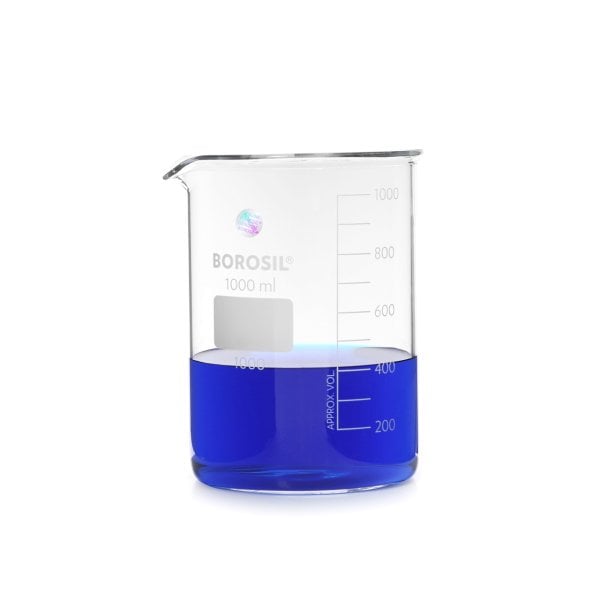 Borosil Cam Beher 1000 ml - Kısa Form Isıya Dayanıklı Beaker