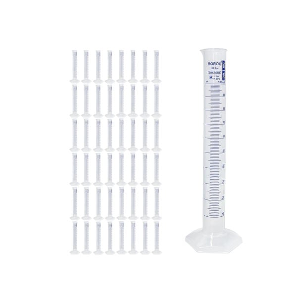 Borox Plastik Mezür 100 ml - Uzun Form - Dereceli Silindir Mavi Skala - 48 Adet Toptan