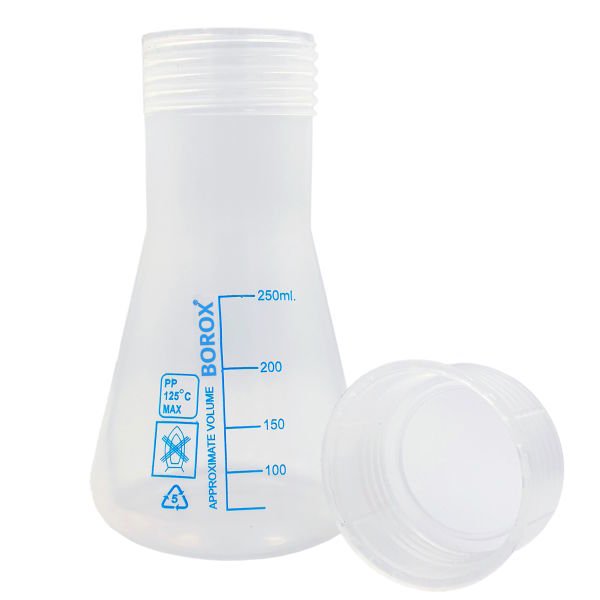 Borox Plastik Erlen 250 ml - Erlenmeyer Flask Vida Kapaklı - Mavi Skala