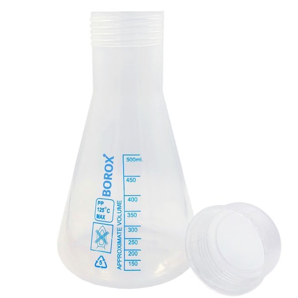 Borox Plastik Erlen 500 ml - Erlenmeyer Flask Vida Kapaklı - Mavi Skala