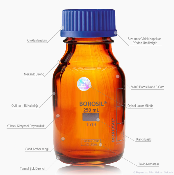 Borosil Cam Amber Şişe 500 ml - Vida Kapaklı Boş Cam Şişe