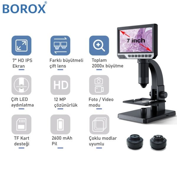 BOROXlab Dijital Mikroskop Çift Lens 2000x büyütme 7'' 12 MP