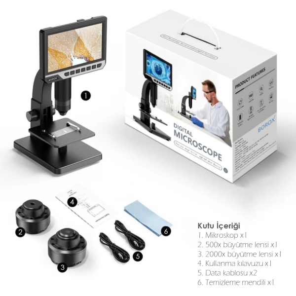 BOROXlab Dijital Mikroskop Çift Lens 2000x büyütme 7'' 12 MP